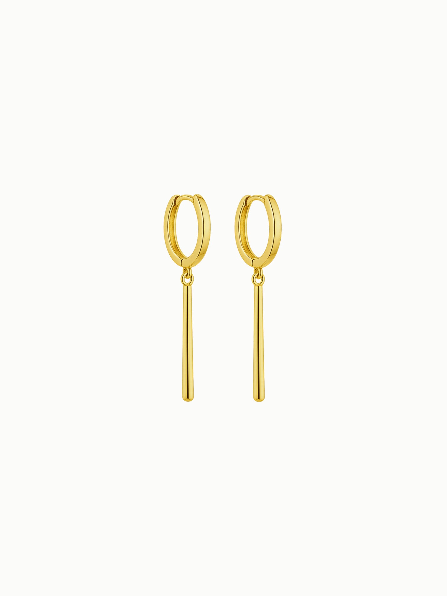 FAVES Yvette gold bar drop huggie earrings in 18K gold-plated sterling silver, minimal and hypoallergenic design.