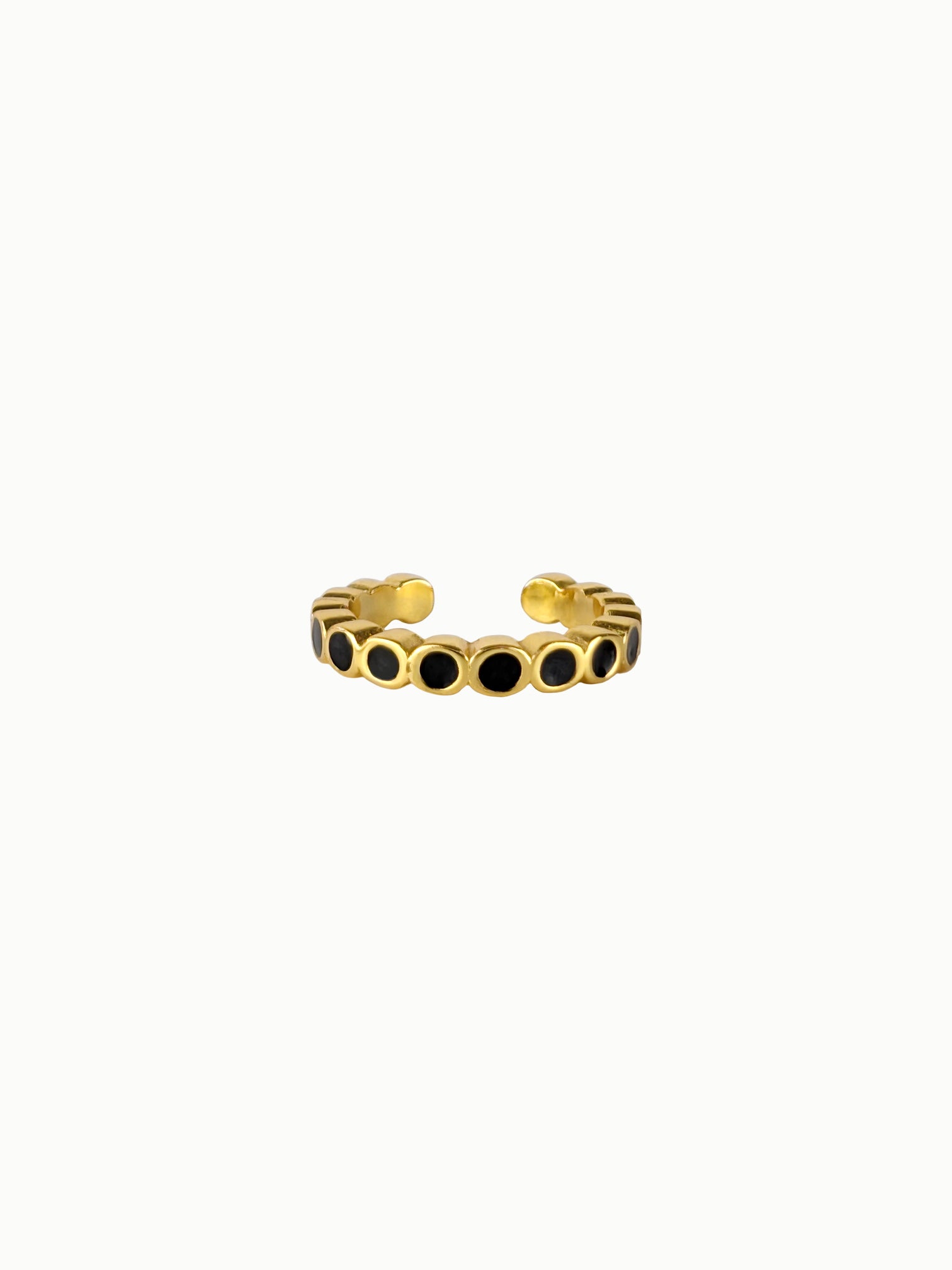 FAVES Noir ear cuff in 18K gold plated sterling silver with black enamel circles, adjustable 13mm design