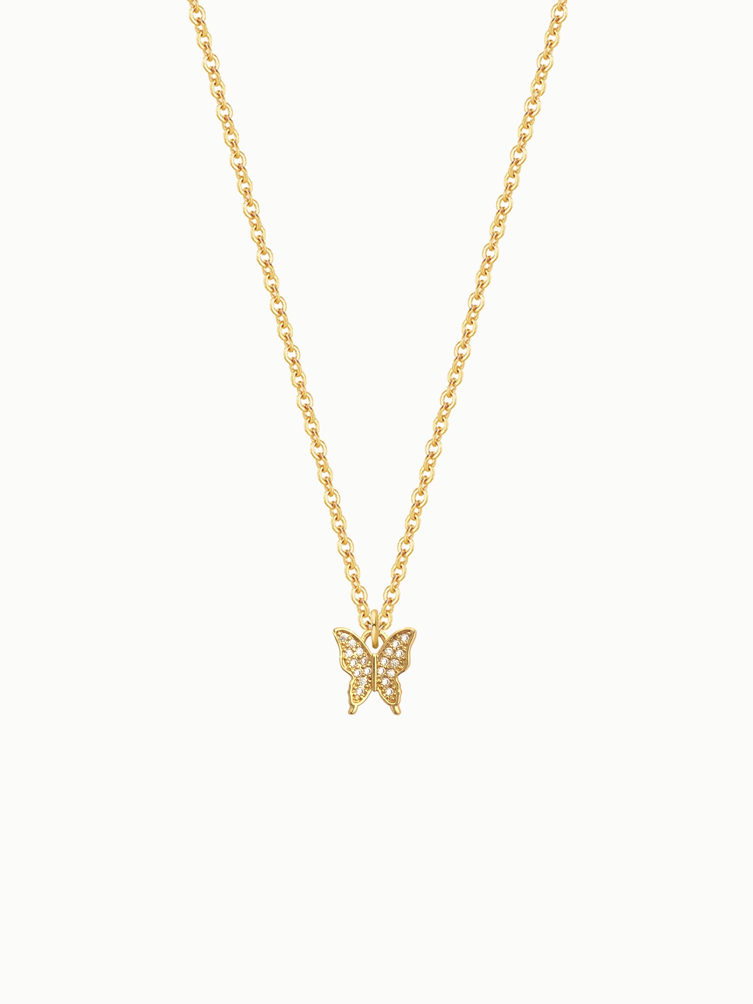 FAVES Beata butterfly pendant necklace with cubic zirconia stones, 18K gold layered brass chain.