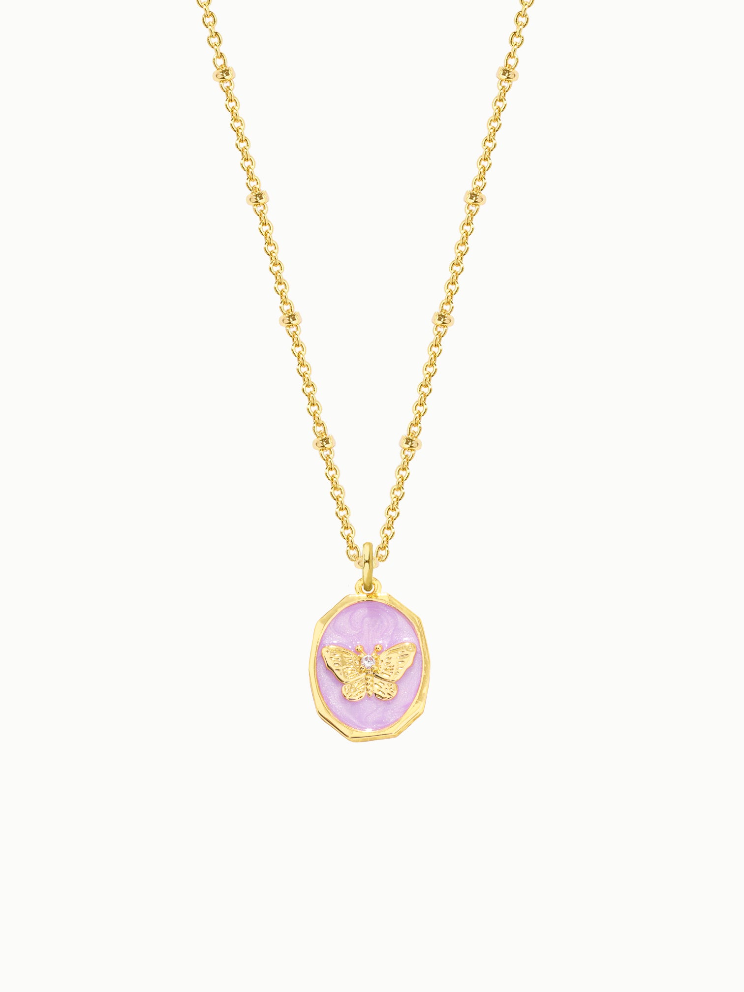 FAVES Ava butterfly pendant necklace in lavender enamel with cubic zirconia, 18K gold layered brass chain.