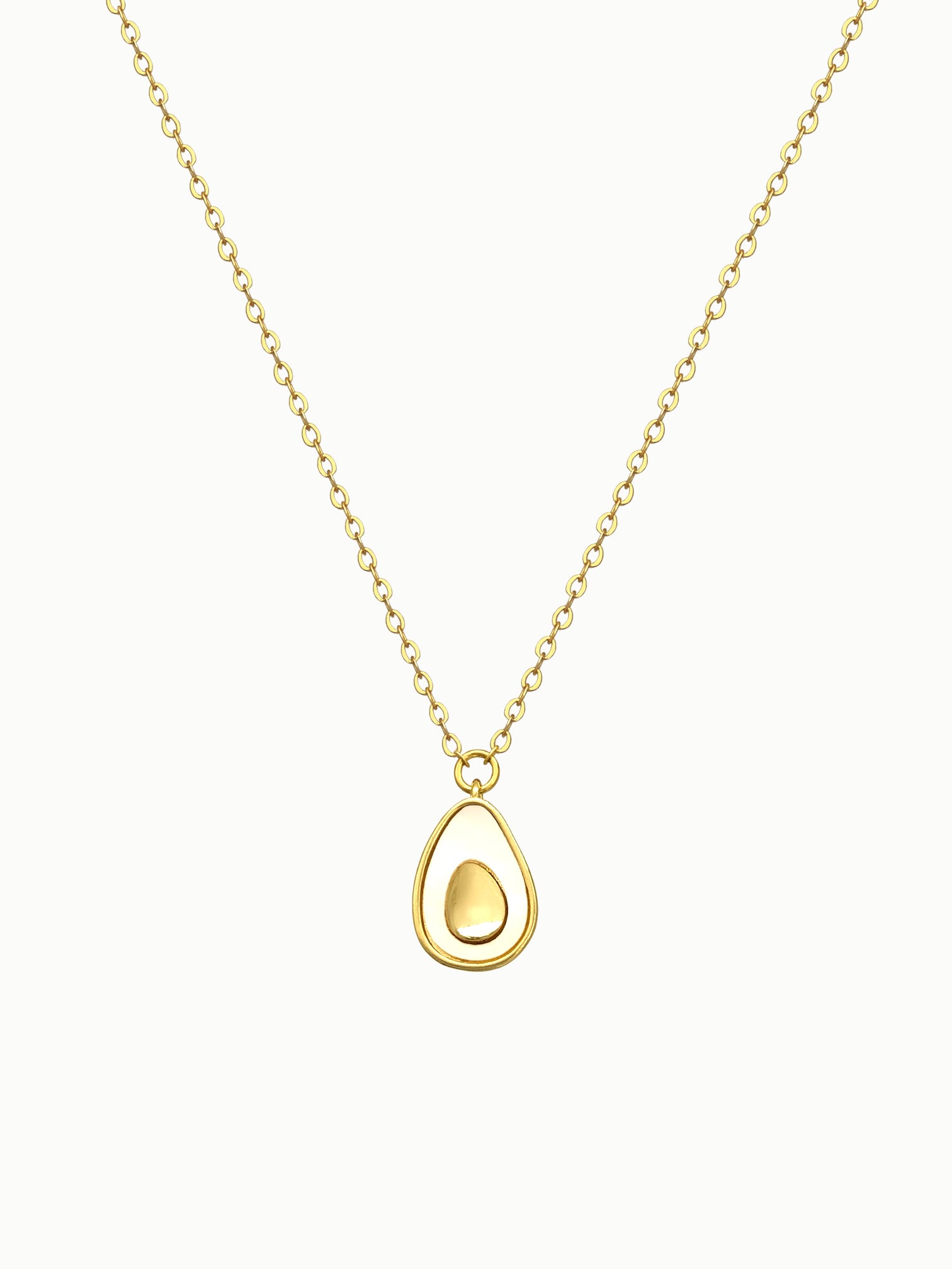 FAVES Avocado Necklace – 18K gold plated brass pendant with white enamel and gold pit design, hypoallergenic, waterproof, minimal playful jewelry