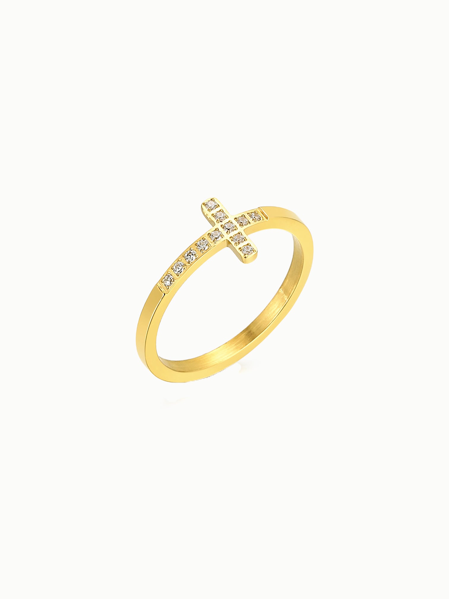 FAVES Cruz Ring featuring slim 18K gold band with polished cross design