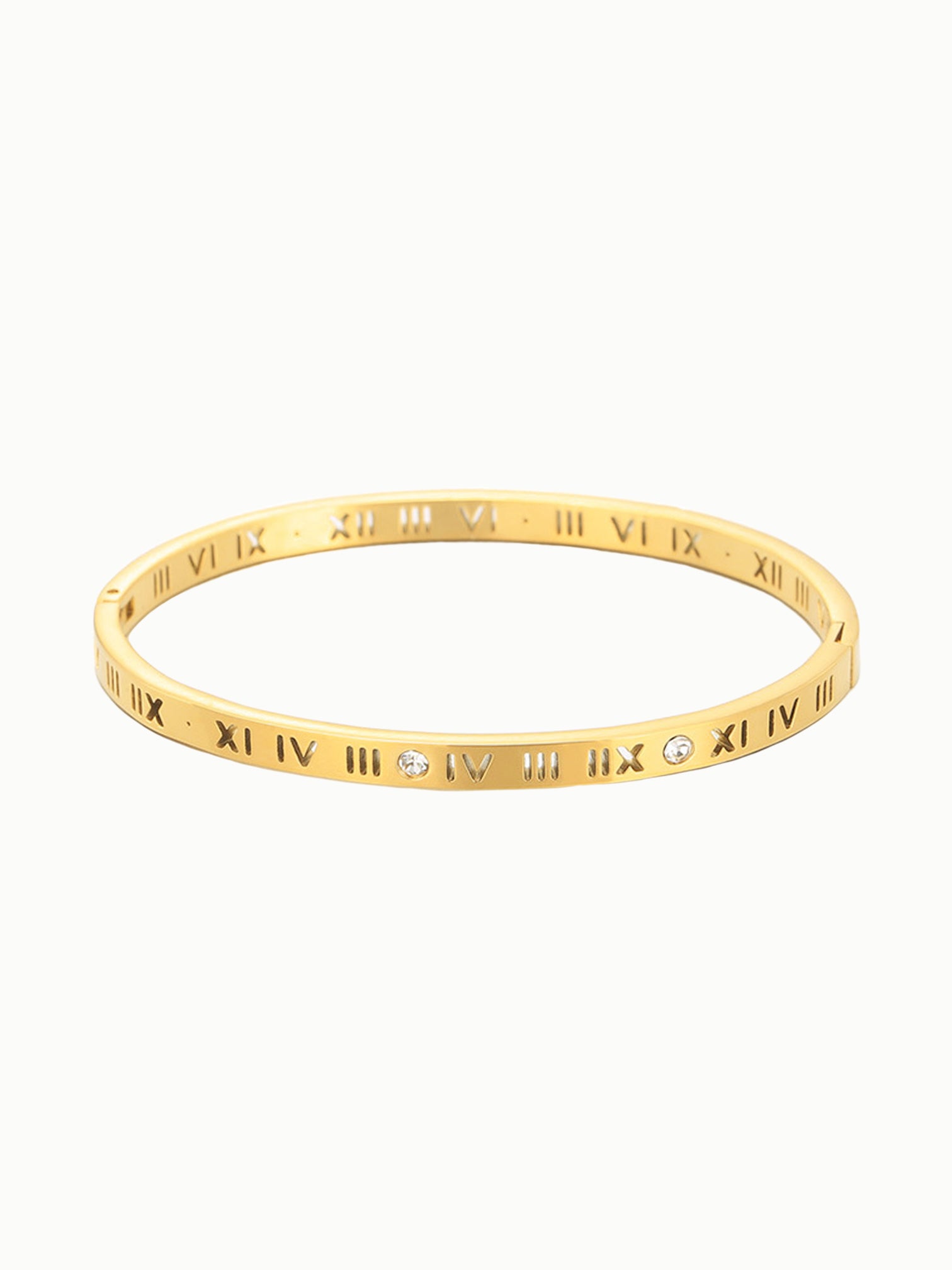 FAVES Julia Bangle – 18K gold plated titanium steel bracelet with Roman numerals and cubic zirconia accents, clicker clasp design