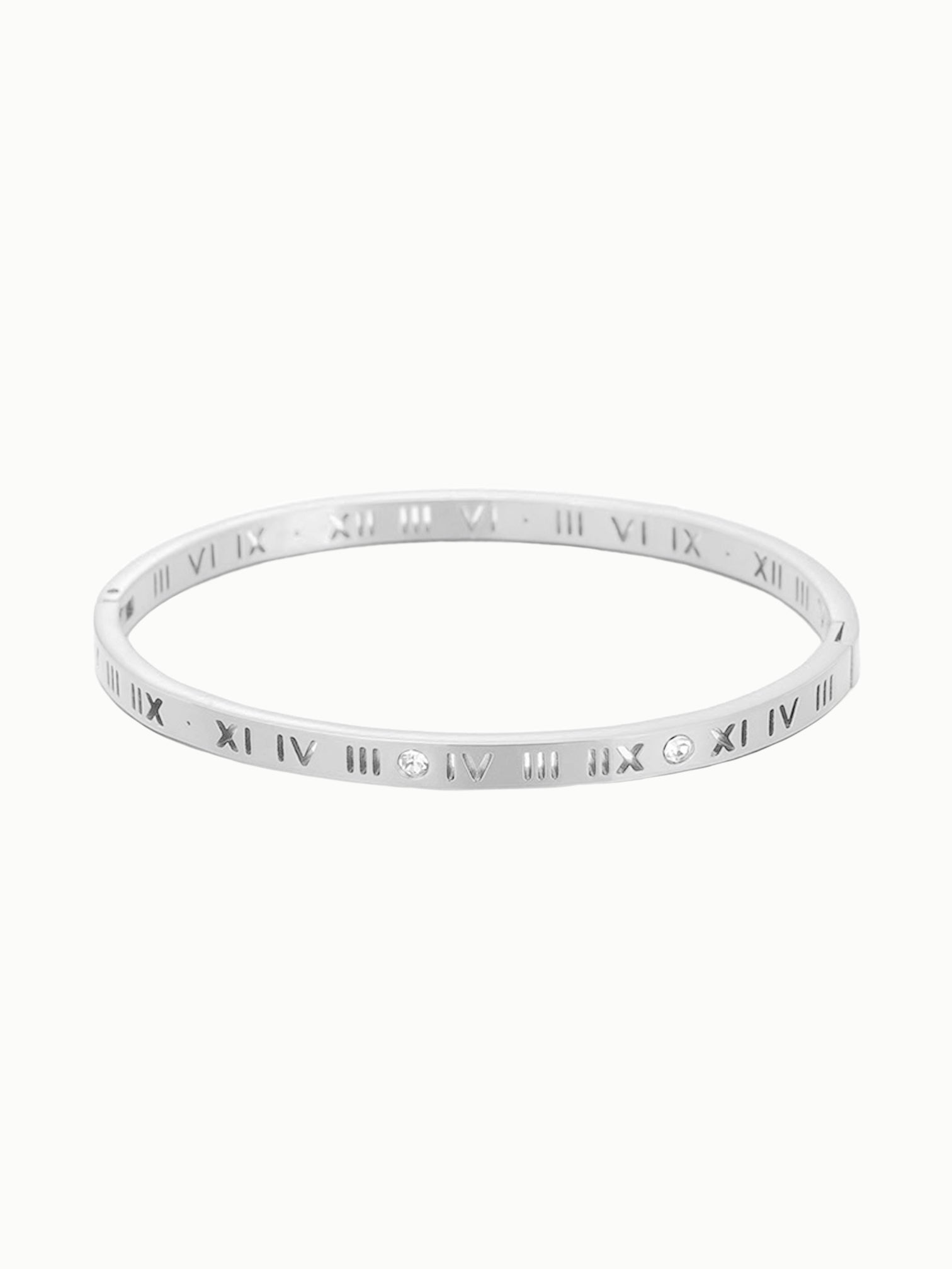 FAVES Julia Bangle – 18K white gold plated titanium steel bracelet with Roman numerals and cubic zirconia accents, clicker clasp design