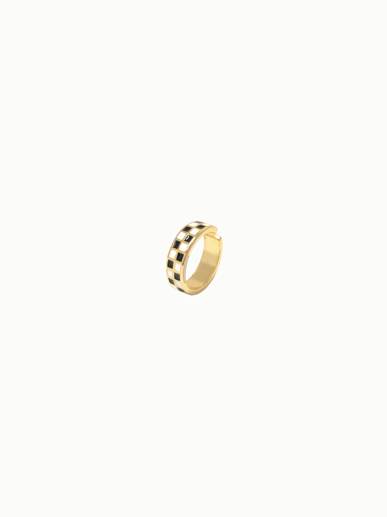FAVES Irelina Earcuff side view – 18K gold plated sterling silver with black-and-gold checkerboard enamel, adjustable no-piercing ear cuff