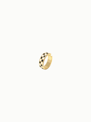 FAVES Irelina Earcuff side view – 18K gold plated sterling silver with black-and-gold checkerboard enamel, adjustable no-piercing ear cuff