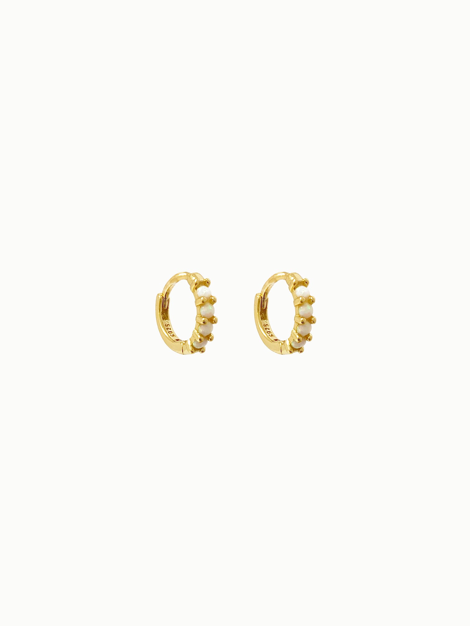 FAVES Lumi Earrings – 18K gold plated sterling silver huggies with natural Australian opals, 10mm diameter, hypoallergenic, waterproof, minimal elegant design