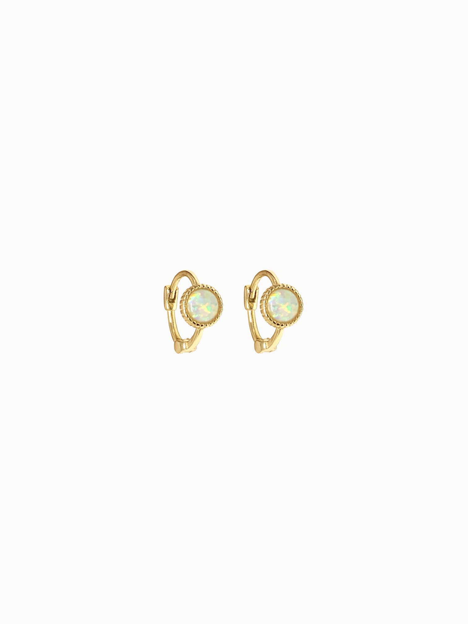 FAVES Clio Earrings – 18K gold plated sterling silver huggies with natural Australian opal, bezel-set with beaded edges, hypoallergenic and waterproof