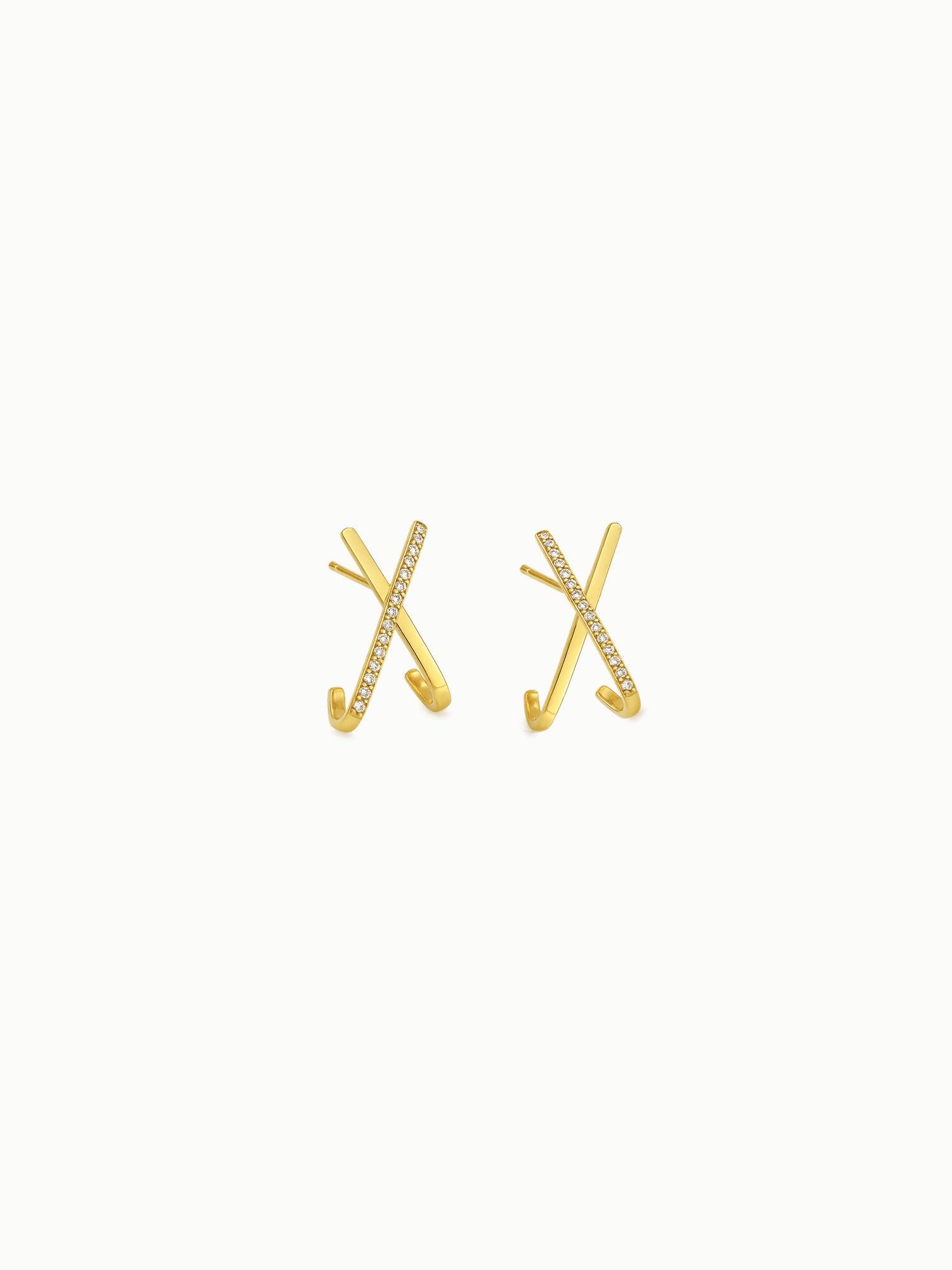 FAVES Maren Earrings – 18K gold plated sterling silver crisscross studs with pavé 5A cubic zirconia, hypoallergenic, waterproof, minimal geometric design