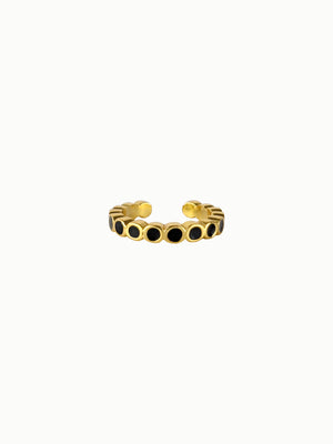 FAVES Noir ear cuff in 18K gold plated sterling silver with black enamel circles, adjustable 13mm design