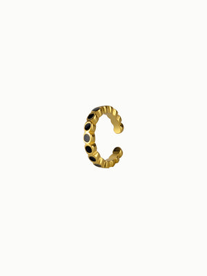 Side view of FAVES Noir adjustable ear cuff, 18K gold plated sterling silver with black enamel accents