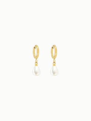 FAVES Liz Earrings – 18K gold plated titanium steel hoops with natural freshwater pearl drops, hypoallergenic, waterproof, timeless design