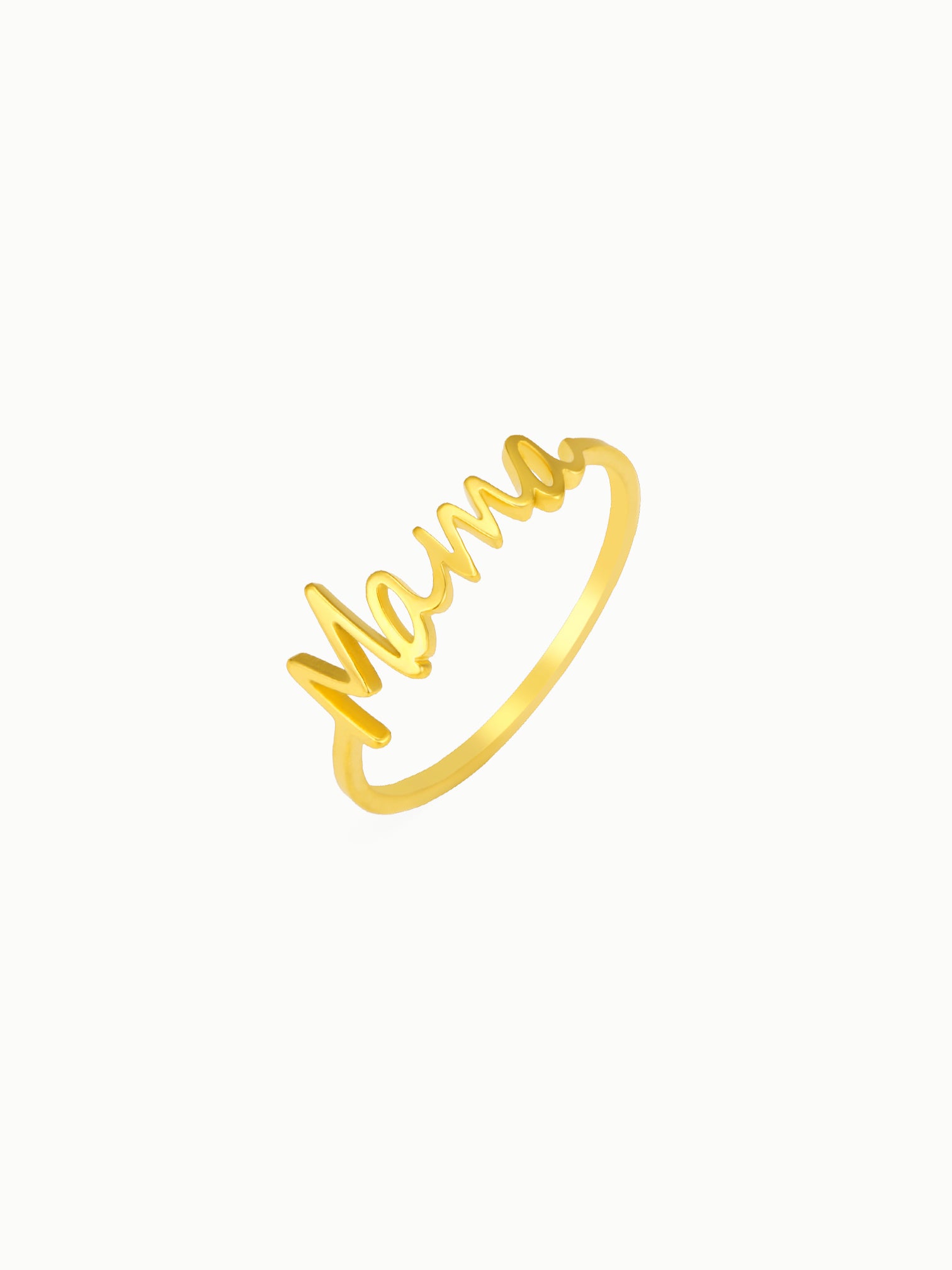 FAVES Mama Ring featuring delicate 18K gold script band design with minimal profile