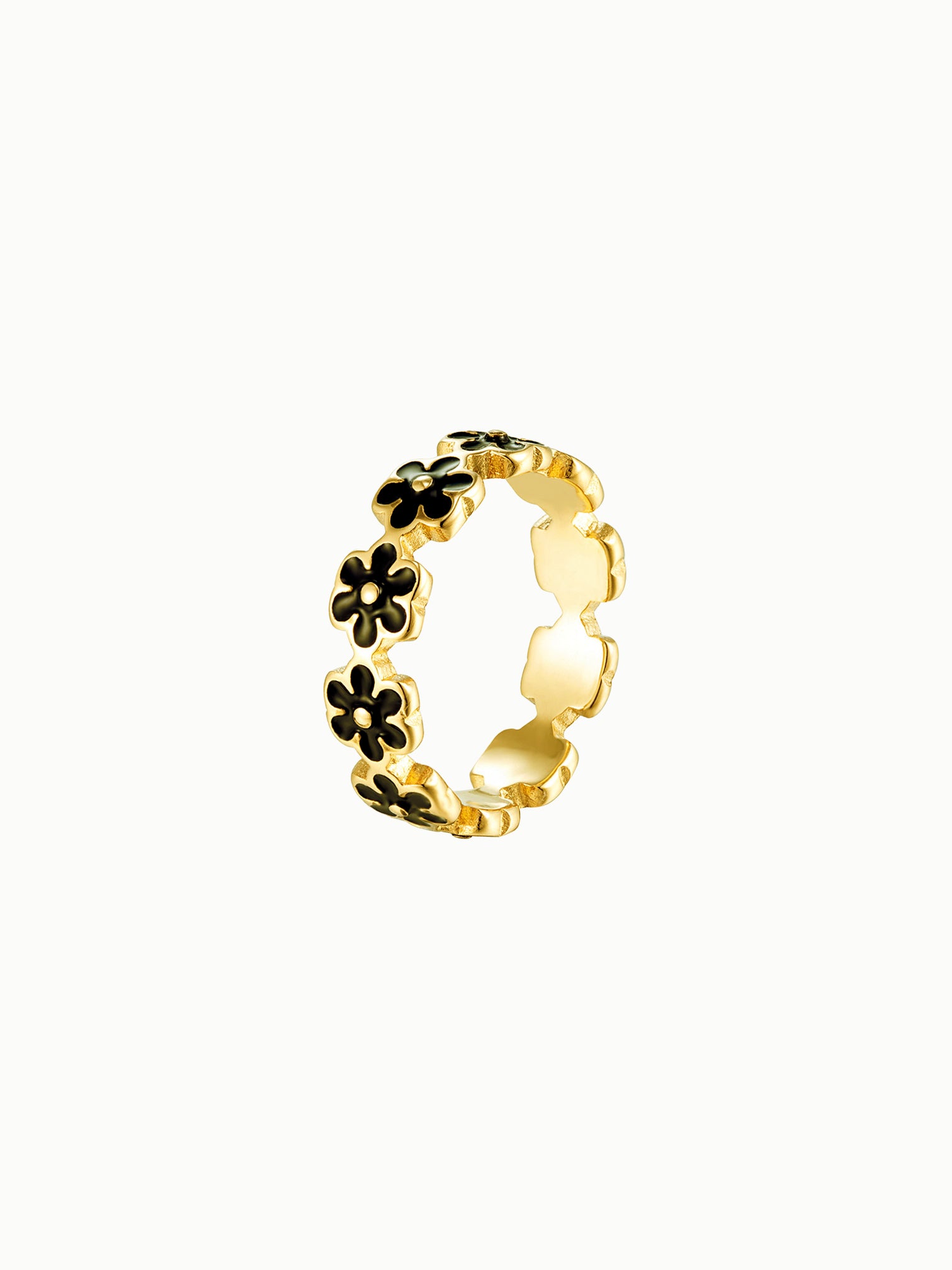 FAVES Viola Ring – 18K gold plated titanium steel flower band with glossy black enamel, waterproof, hypoallergenic, tarnish-resistant statement ring