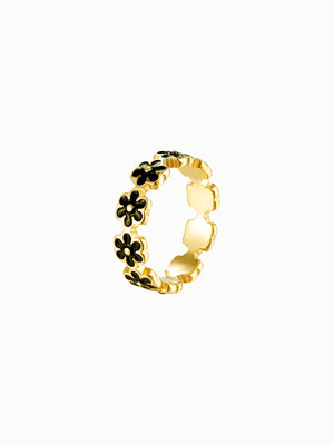 FAVES Viola Ring – 18K gold plated titanium steel flower band with glossy black enamel, waterproof, hypoallergenic, tarnish-resistant statement ring