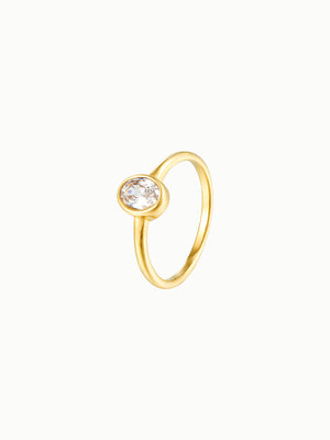 FAVES April Ring – 18K gold plated titanium steel solitaire with oval-cut cubic zirconia bezel setting, slim band, waterproof, hypoallergenic, tarnish-resistant