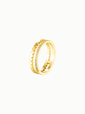 FAVES Alva Ring – 18K gold plated titanium steel dual-band design with cubic zirconia and textured dot pattern, waterproof, hypoallergenic statement ring