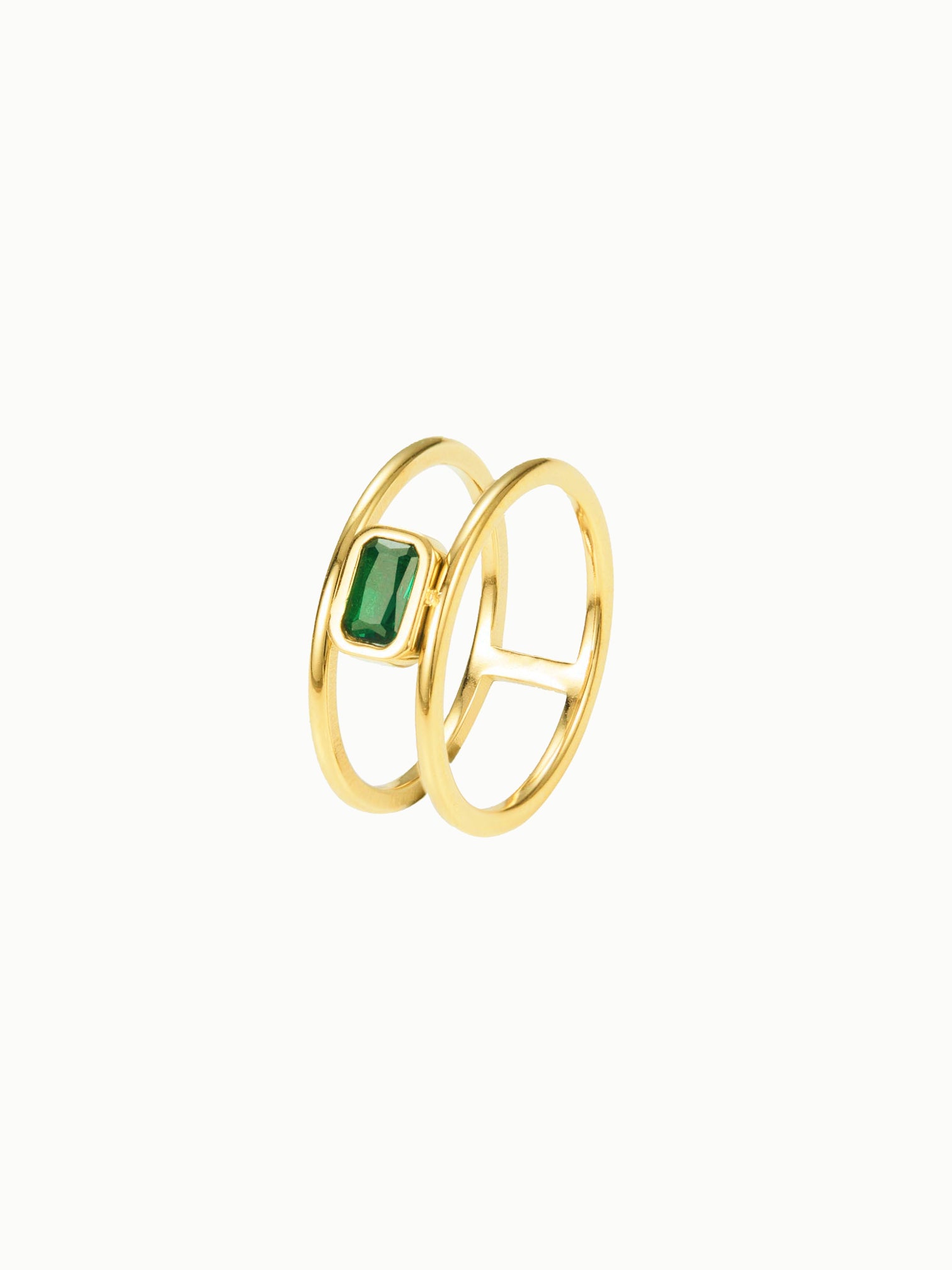FAVES Erin Ring – 18K gold plated titanium steel double band with emerald cut green cubic zirconia, hypoallergenic, waterproof, bold modern design