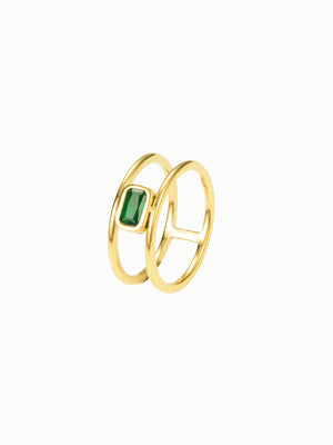FAVES Erin Ring – 18K gold plated titanium steel double band with emerald cut green cubic zirconia, hypoallergenic, waterproof, bold modern design