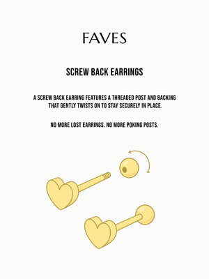 FAVES screw back earrings instruction image – illustration of threaded post with secure backing, showing how to twist on and remove for a safe, comfortable, hypoallergenic fit